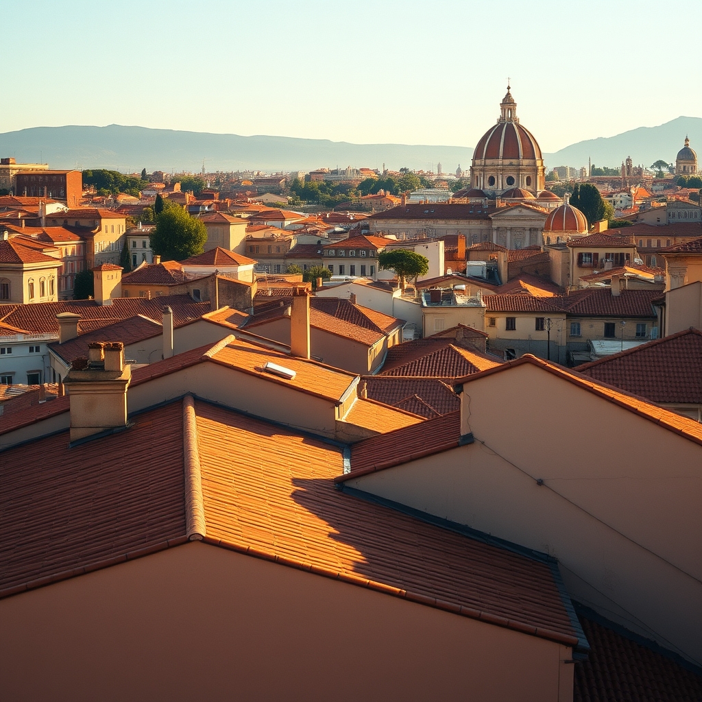 I tetti e le cupole di Roma al tramonto.